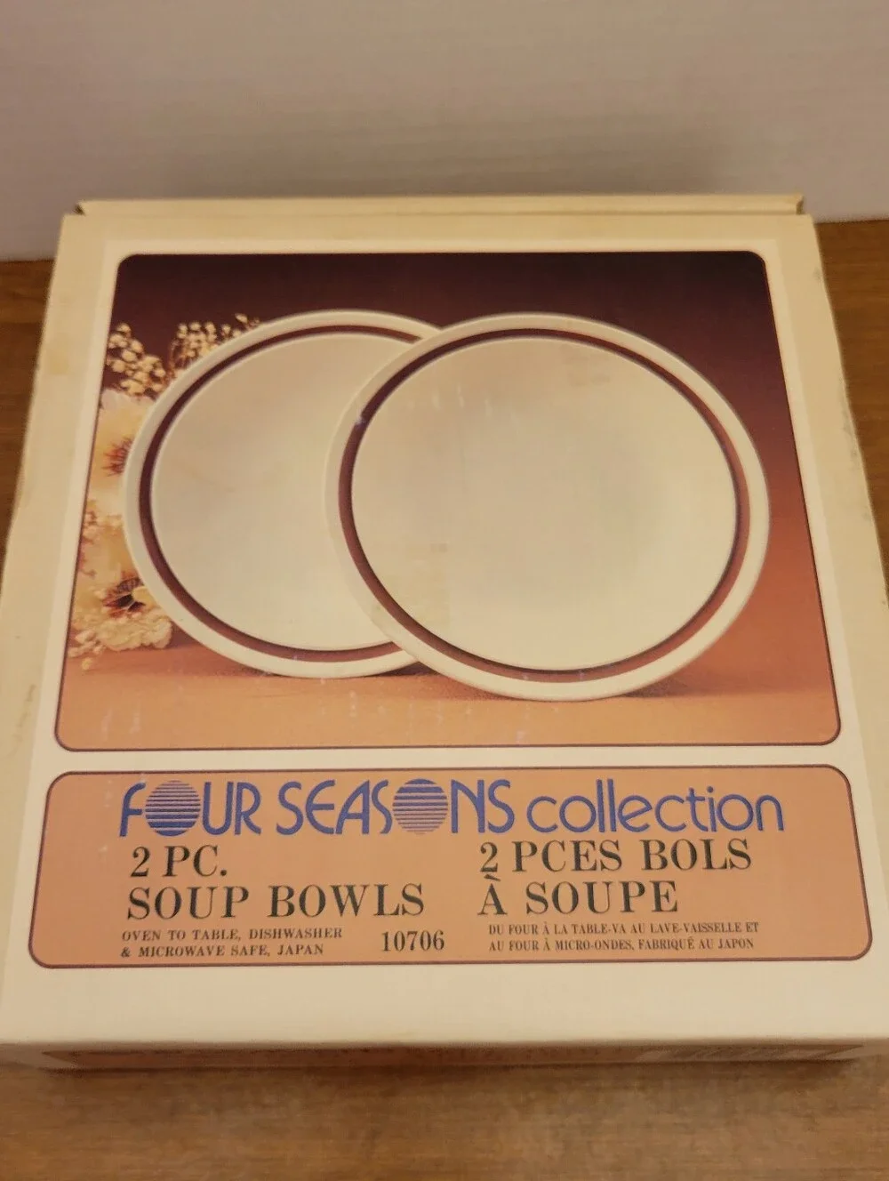 Four Seasons Collection 2-Piece Soup Bowls - White with Brown Trim-1970s-New